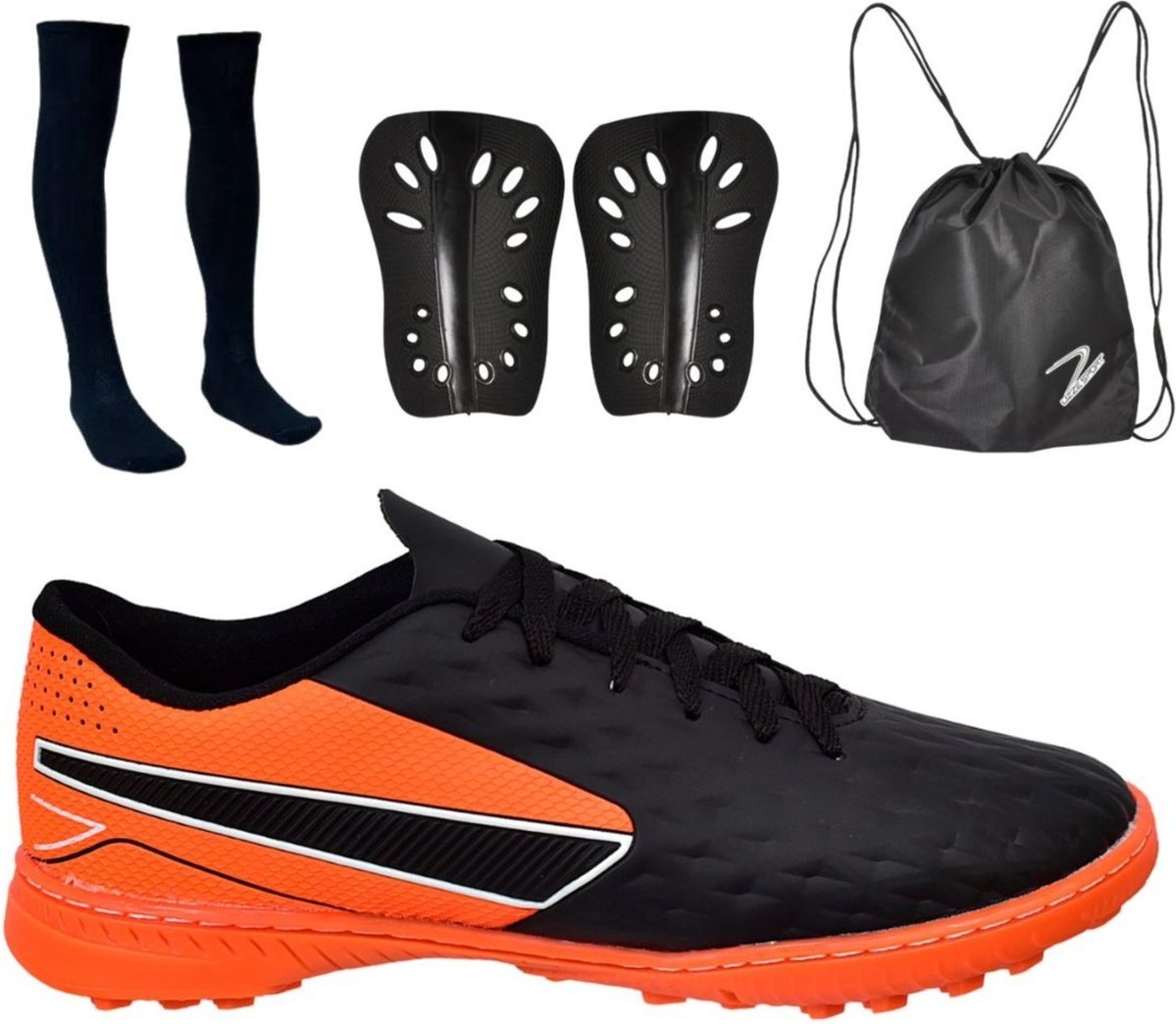 Imagem principal Chuteira Society Impactor Gramado Sintético Uzze Costurada + Meião + Mochila + Caneleira Uzze Sport laranja/preto Uzze Sport laranja/preto