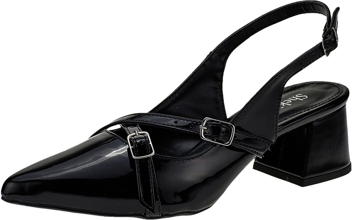 Imagem principal Scarpin Bico Fino Feminino Salto Baixo Slingback Shekinah Fivelas Moda Festa preto Shekinah preto