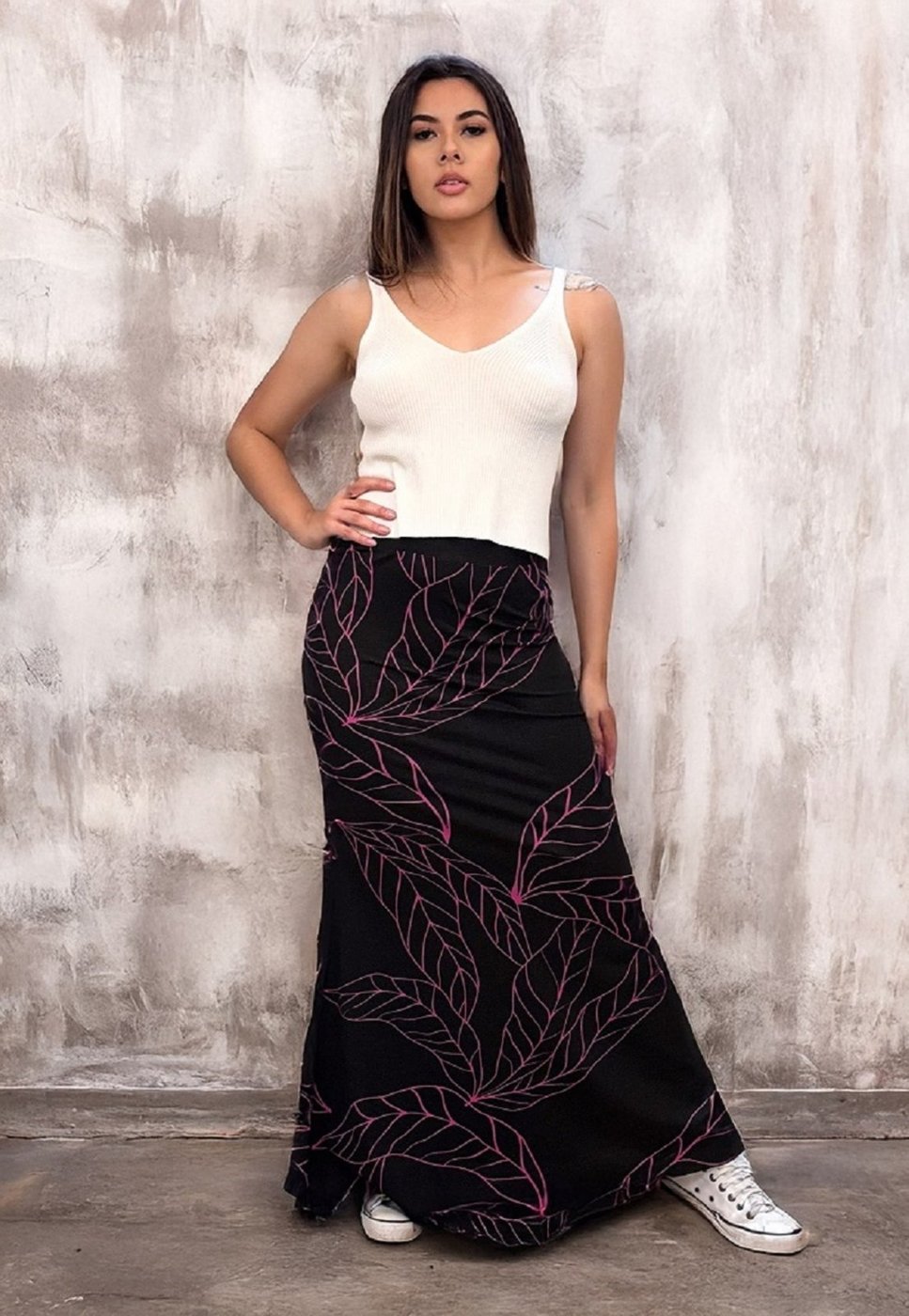 Saia Longa Malha Sereia Estampa Antúrios