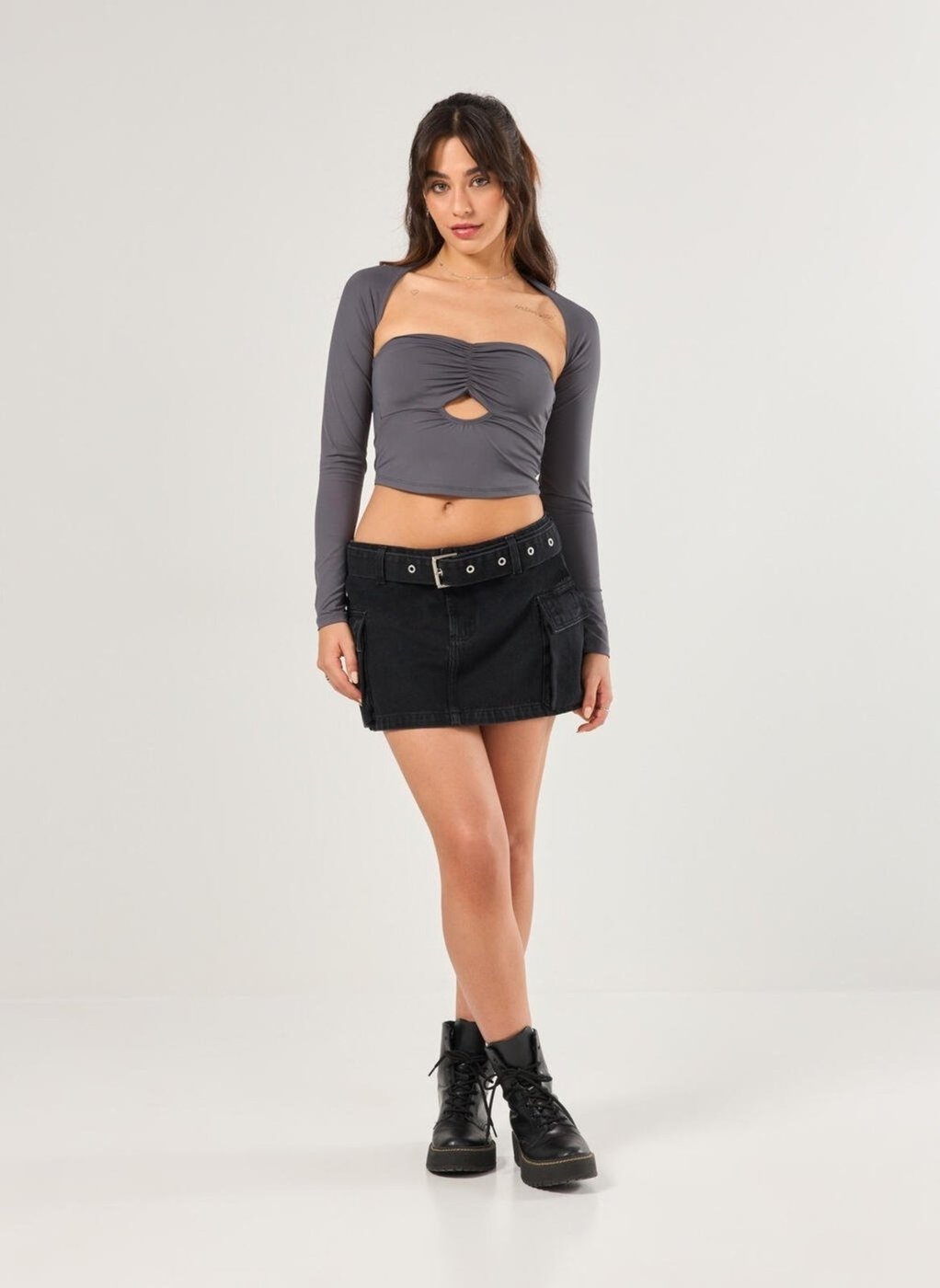 Saia Jeans Cintura Baixa Cargo Com Cinto