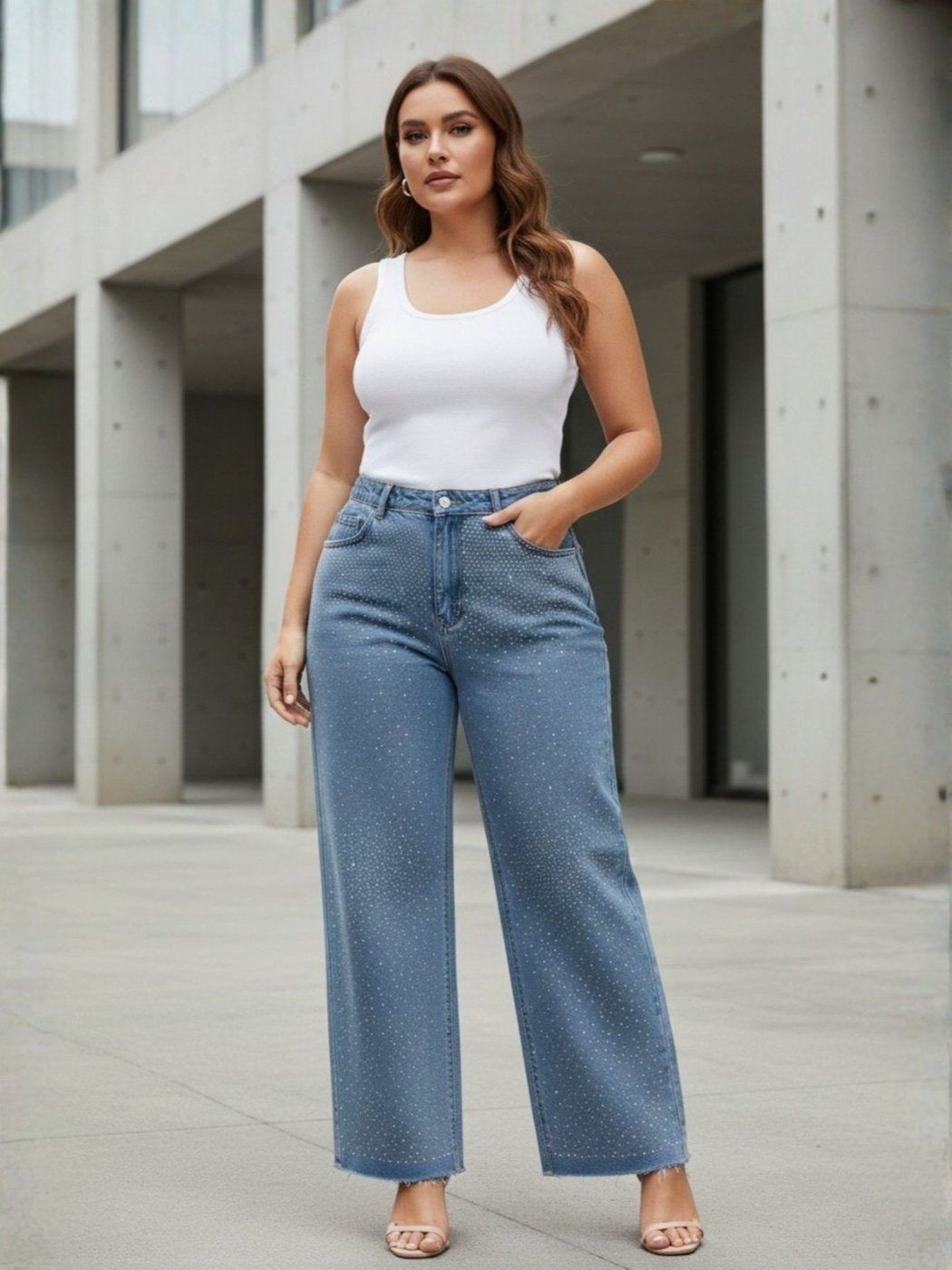 Calça Jeans Feminina Plus Size Reta Brilhos Cintura Alta Bolsos Claro Barra a Fio
