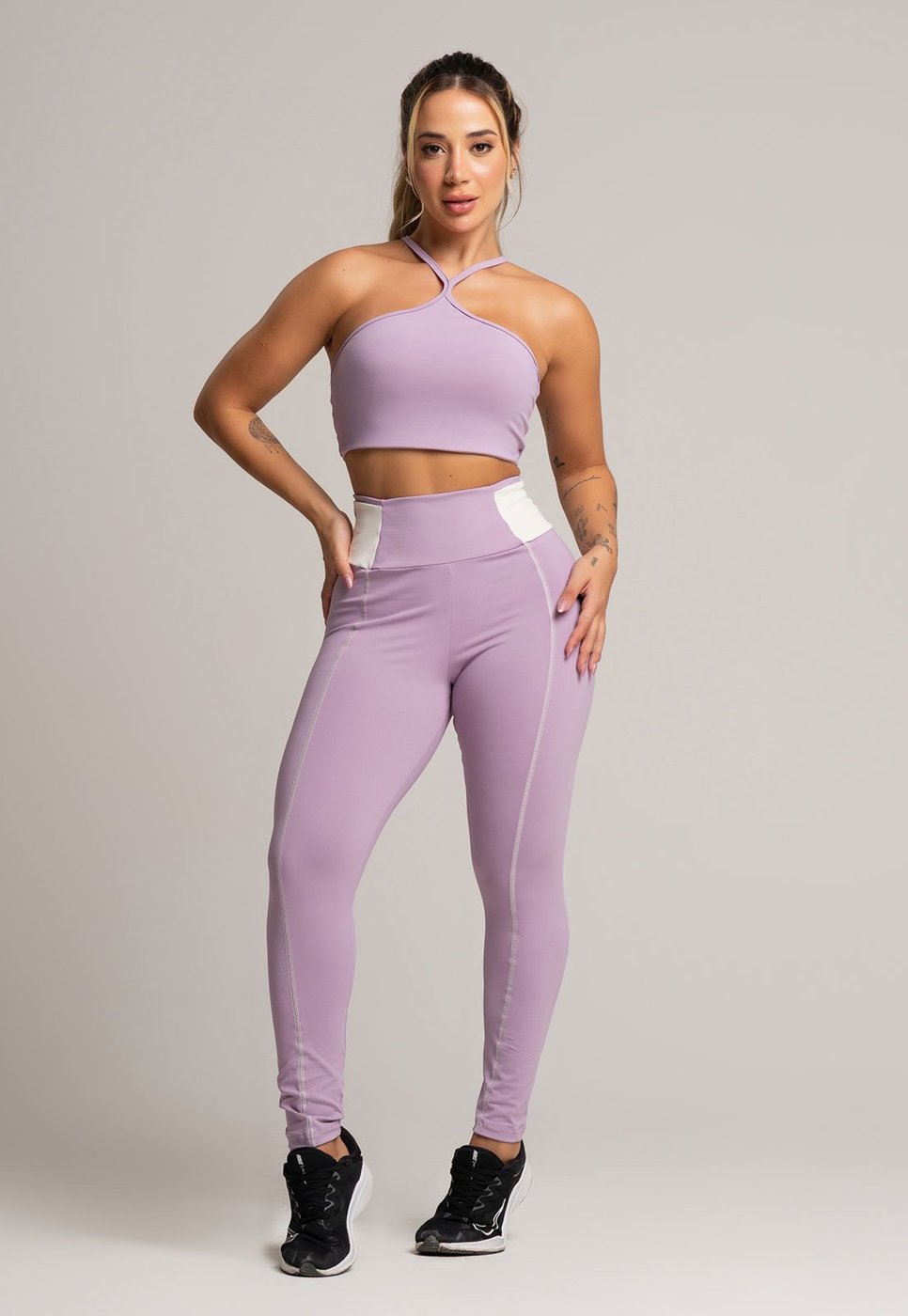 Imagem principal Calça Legging MVB Modas Cós Off White Cintura Alta Feminina Poliamida Lavanda lilás white Mvb Modas lilás white