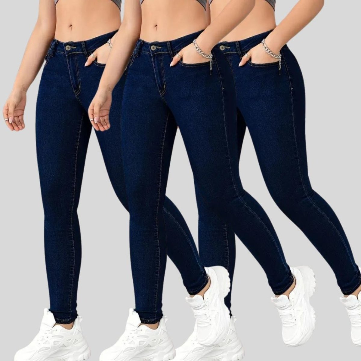 Kit 3 Calça Jeans Feminina Tex Jeans Cintura Alta Skinny com Elastano Escuro