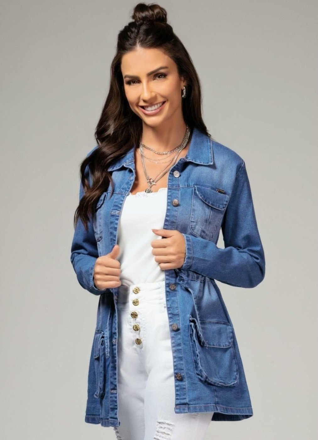 Parka Bolsos E Cordel Jeans Médio Colorido