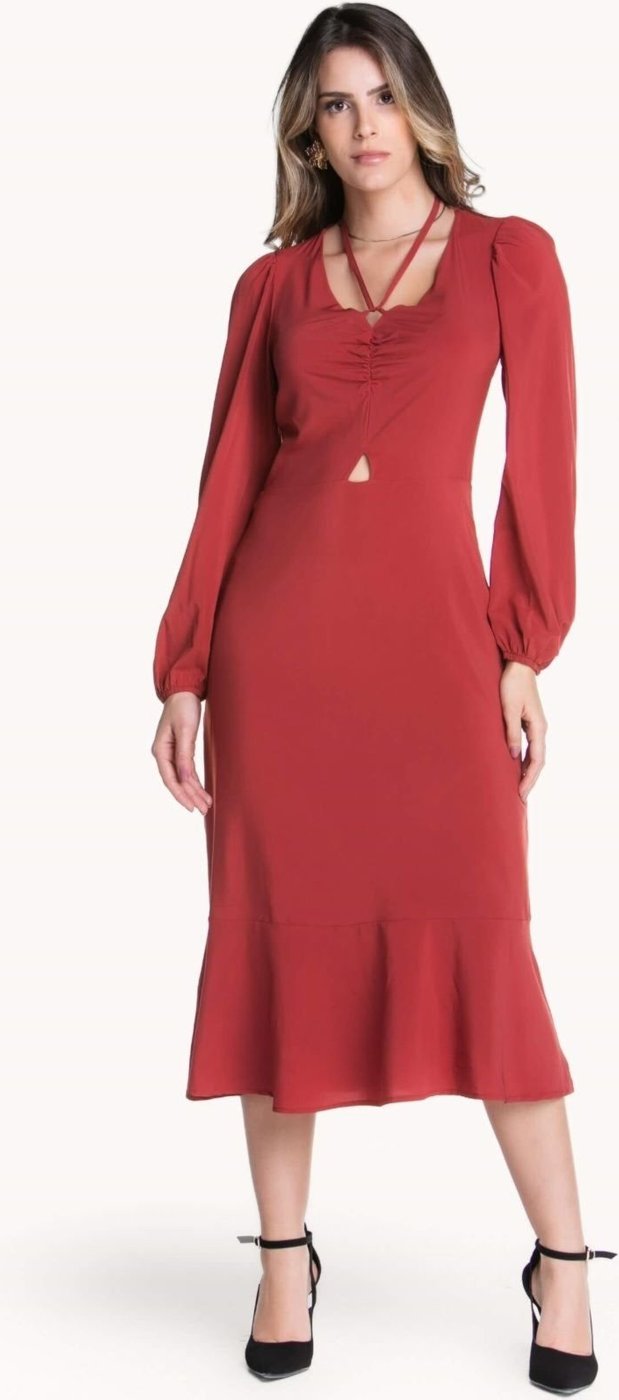 VESTIDO MIDI COM DECOTE FRANZIDO