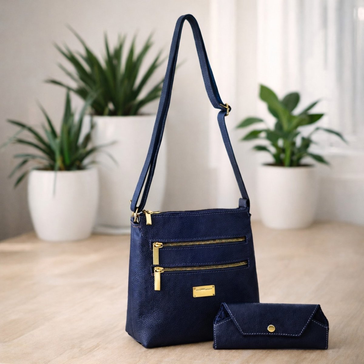 Kit Bolsa Transversal e Porta Oculos TopGrife Couro Marinho