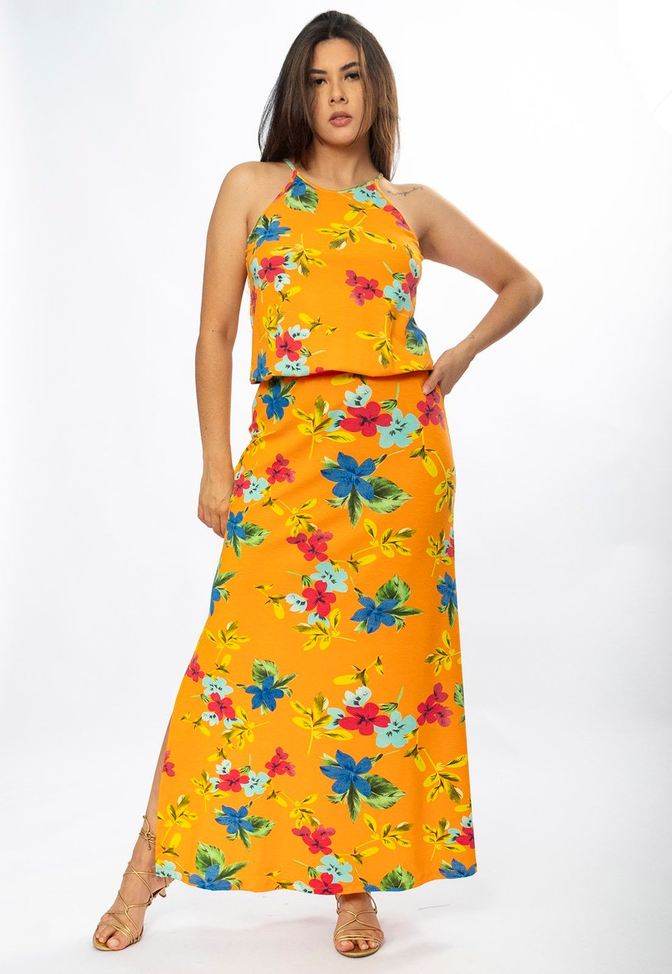 Vestido Longo Cabanafree Malha Trapézio com Elástico na Cintura Laranja Floral