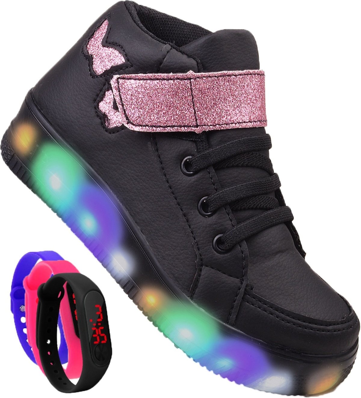 Infantil - Kit Tênis De Led Botinha Borboleta Meninas Brilhante Relógio