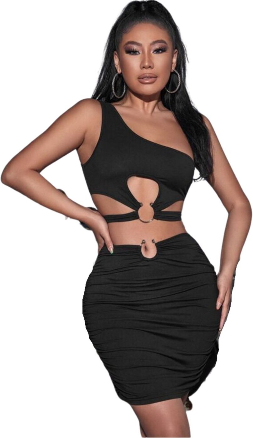 Conjunto Summer Body moda gringa cropped decote mula manca saia argolas