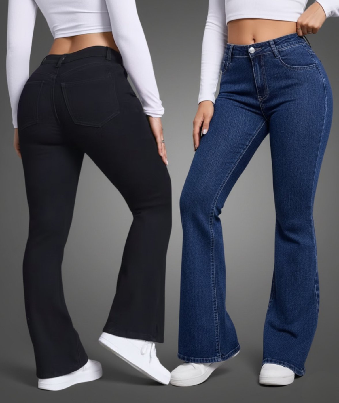 Kit 2 Calças Flare Feminina Alpha Street Wear Premium Com Elastano Cintura Alta Levanta Bumbum Estilo Gringa Preto e Escuro