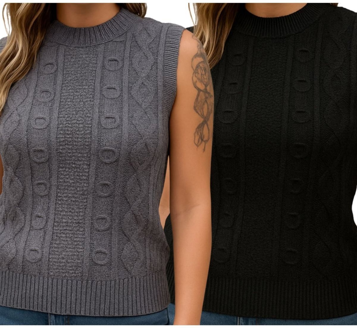 Imagem principal Kit 2 Blusas Tricô FMF Sem manga Preta e Chumbo Sem Manga Básica Casual preto FMF preto