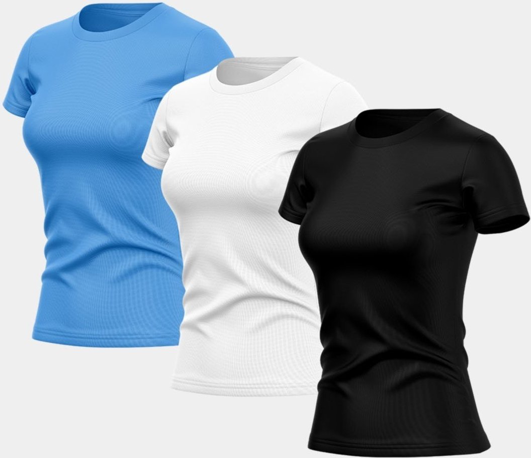 Imagem principal Kit 3 Camisetas Manga Curta Feminina Dry Básica Lisa Prote��ão Solar UV Térmica Blusa Academia Esporte Camisa Branco/Azul ADRIBEN preto azul ADRIBEN preto azul