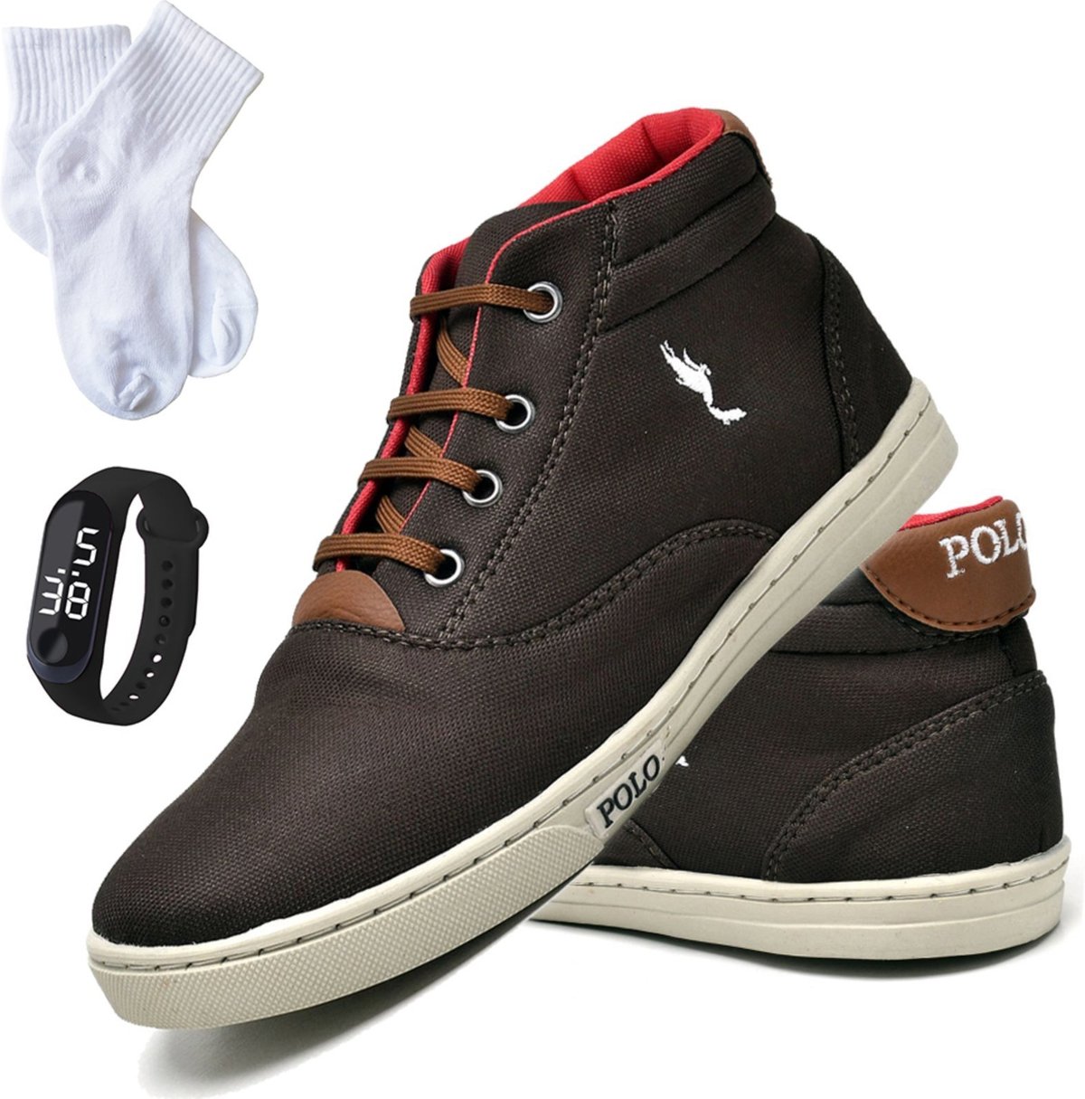 Imagem principal Infantil - Kit Sapatenis Polo Blu Menino Conforto Casual Botinha Cano Alto Café + Relógio Digital + Meia marrom blu Polo Blu marrom blu