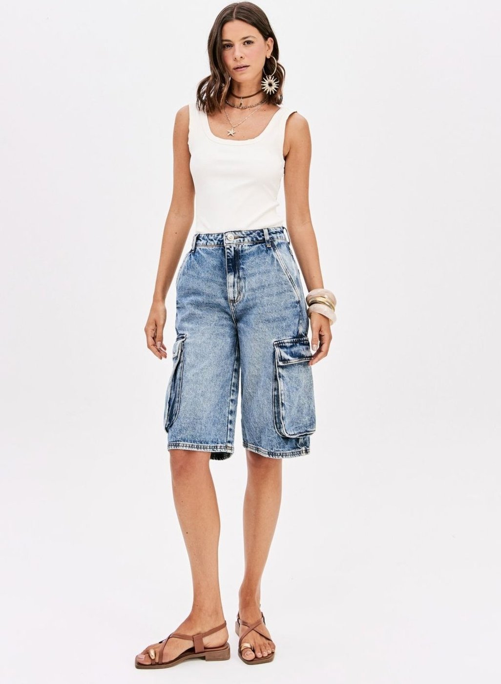 Bermuda Jeans Cargo Cintura Alta