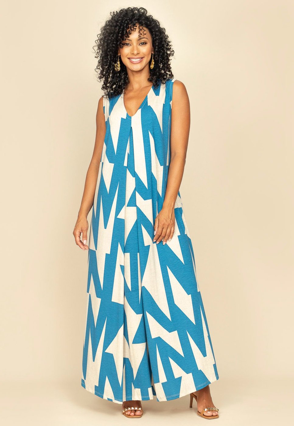 Vestido Longo Acará Malha Amazonia Vital Estampa Geométrico Blue