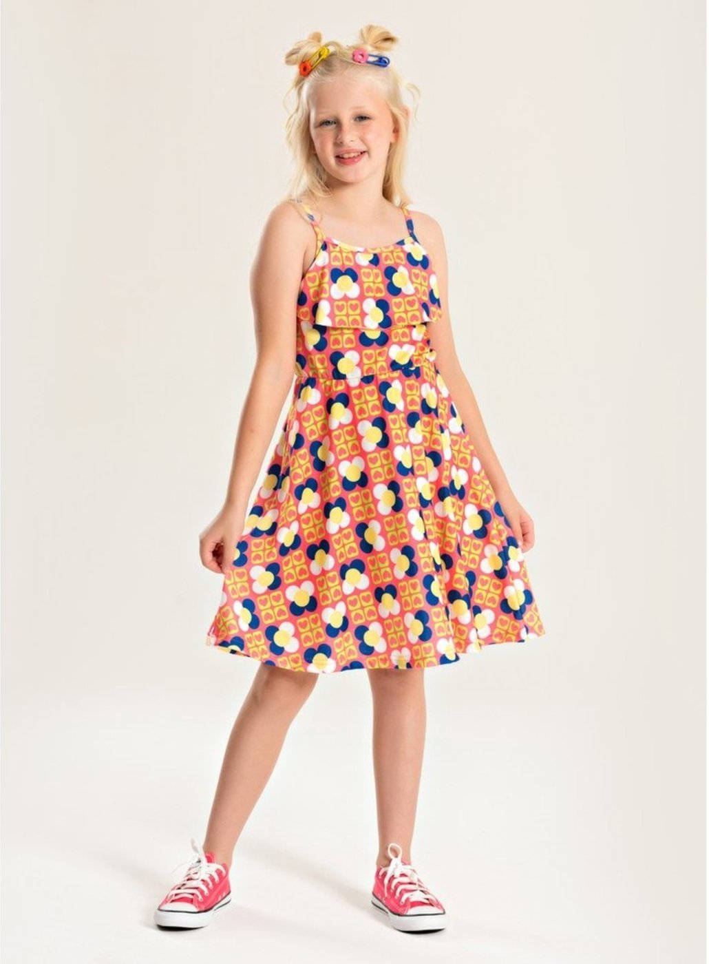 Infantil - Vestido Alcinha Verão Menina Florzinhas Geométricas