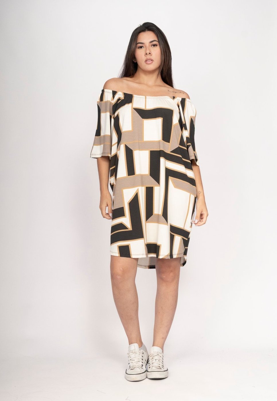 Vestido CabanaFree Curto Malha Ombro a Ombro Mullet Amplo Estampa Igaci