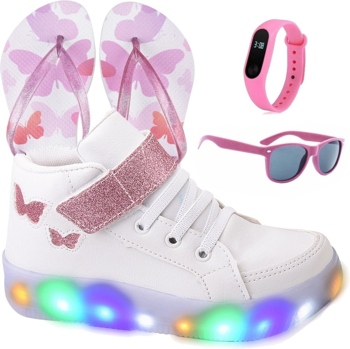 Infantil - Tenis Feminino de Led Botinha Borboleta Glitter Calce Facil + Chinelo + Oculos + Relogio