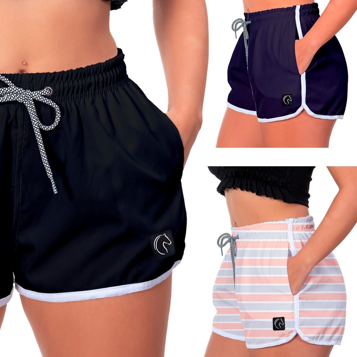 Kit 3 Shorts Feminino Premium Secagem Rápida com Elástico Cordão Ajustável e Bolsos Moda Praia Casual ou Treino Academia e Listrado