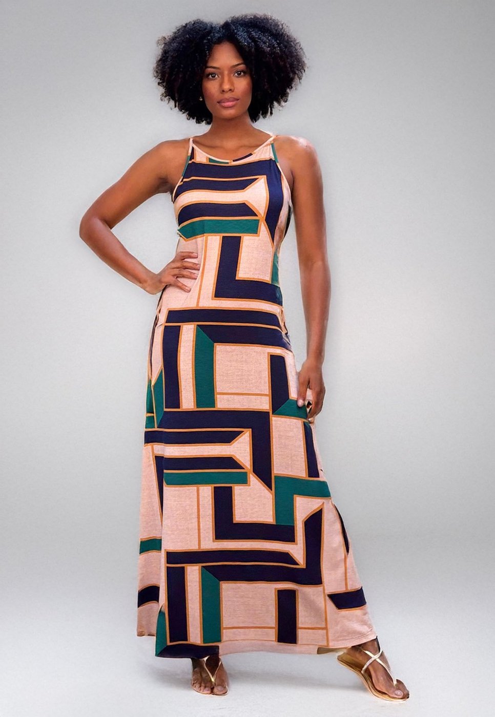 Vestido Longo Cabanafree Malha Trapézio Estampa Chapada de Areia