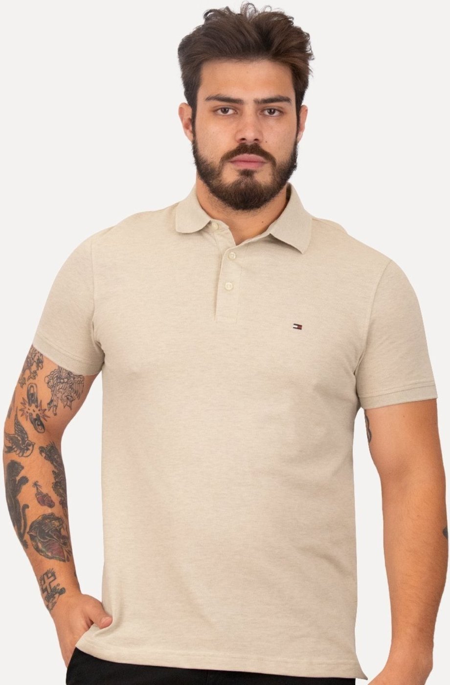 Imagem principal Polo Tommy Hilfiger Masculina Slim Piquet 1985 Areia Mescla bege Tommy Hilfiger bege