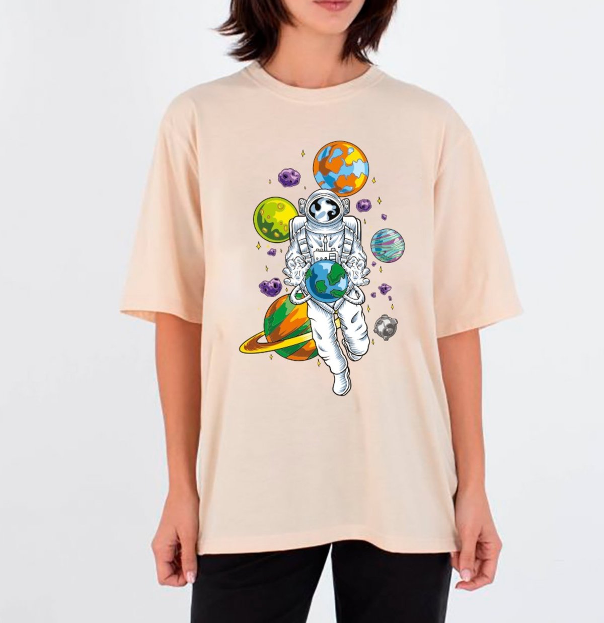 Imagem principal Camiseta Ousy Unissex Streetwear Astronauta Segurando a Terra Arte Cósmica Oversized Off White off-white white ousy off-white white