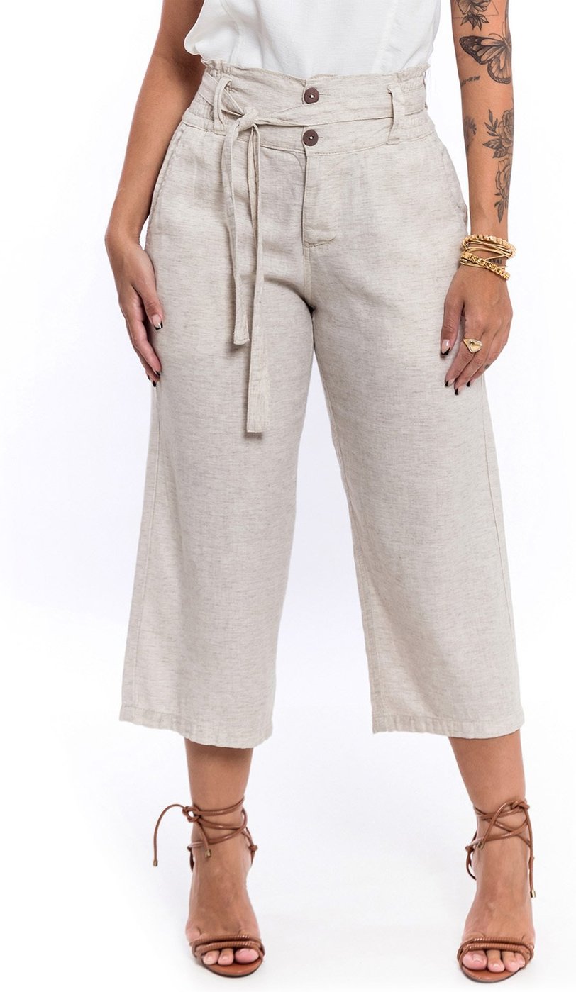 Bermuda Pantacourt Restrito Jeans de Linho com Laxtex