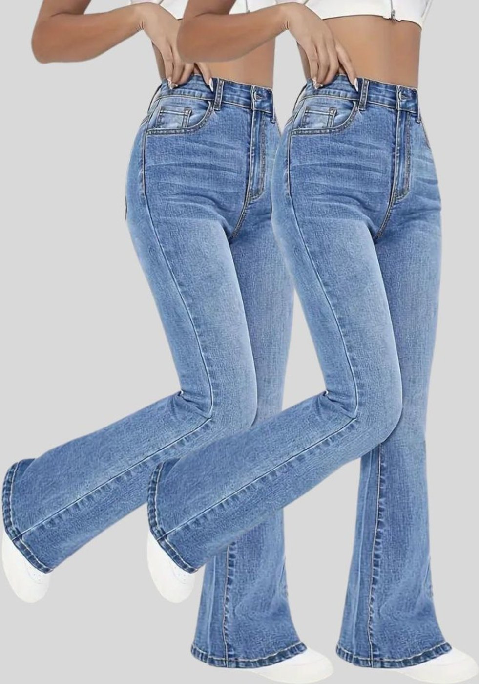 Kit 2 Calça Flare Jeans Feminina Text Jeans Boca de Sino Cintura Alta Modeladora Claro