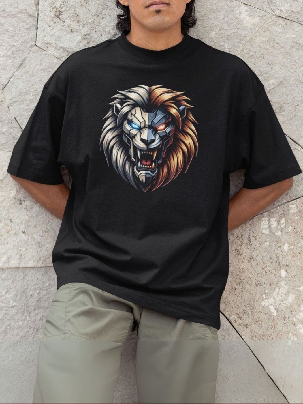 Imagem principal Camiseta Básica Masculina GuGi Leão Robótico Cyberpunk Scifi Futurista preto Gugi preto