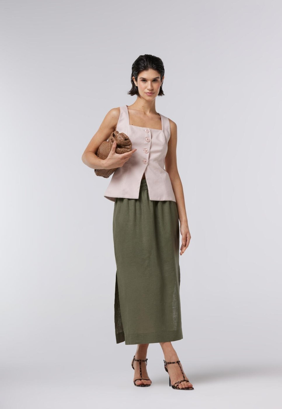 Saia Linho Traymon Midi Com Fendas