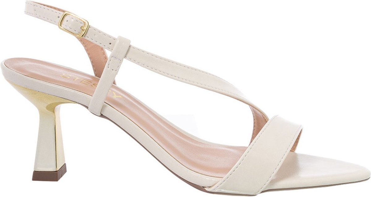 Sandália Feminina Stessy Salto Taça Cromado Bico Folha Elegante Premium Off White