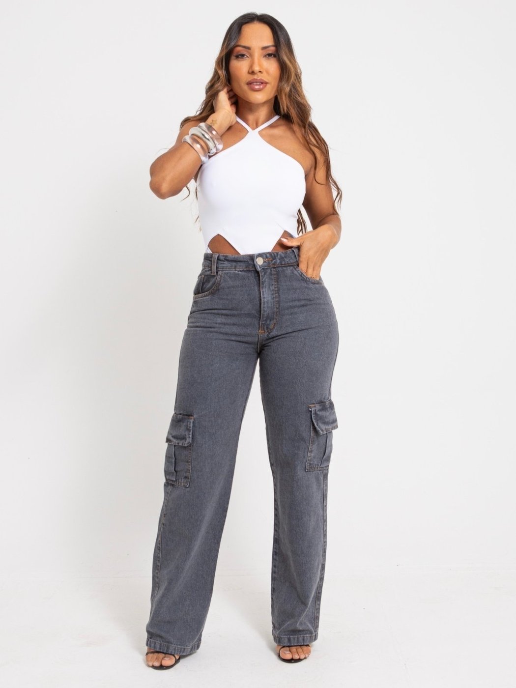 Calça Feminina Jeans Bolsos Cargo Wide Leg Cintura Alta Grafite