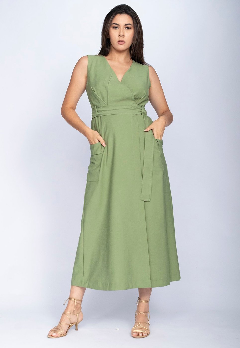 Vestido Amazonia Vital Midi Duna Transpassado com Bolsos Sage