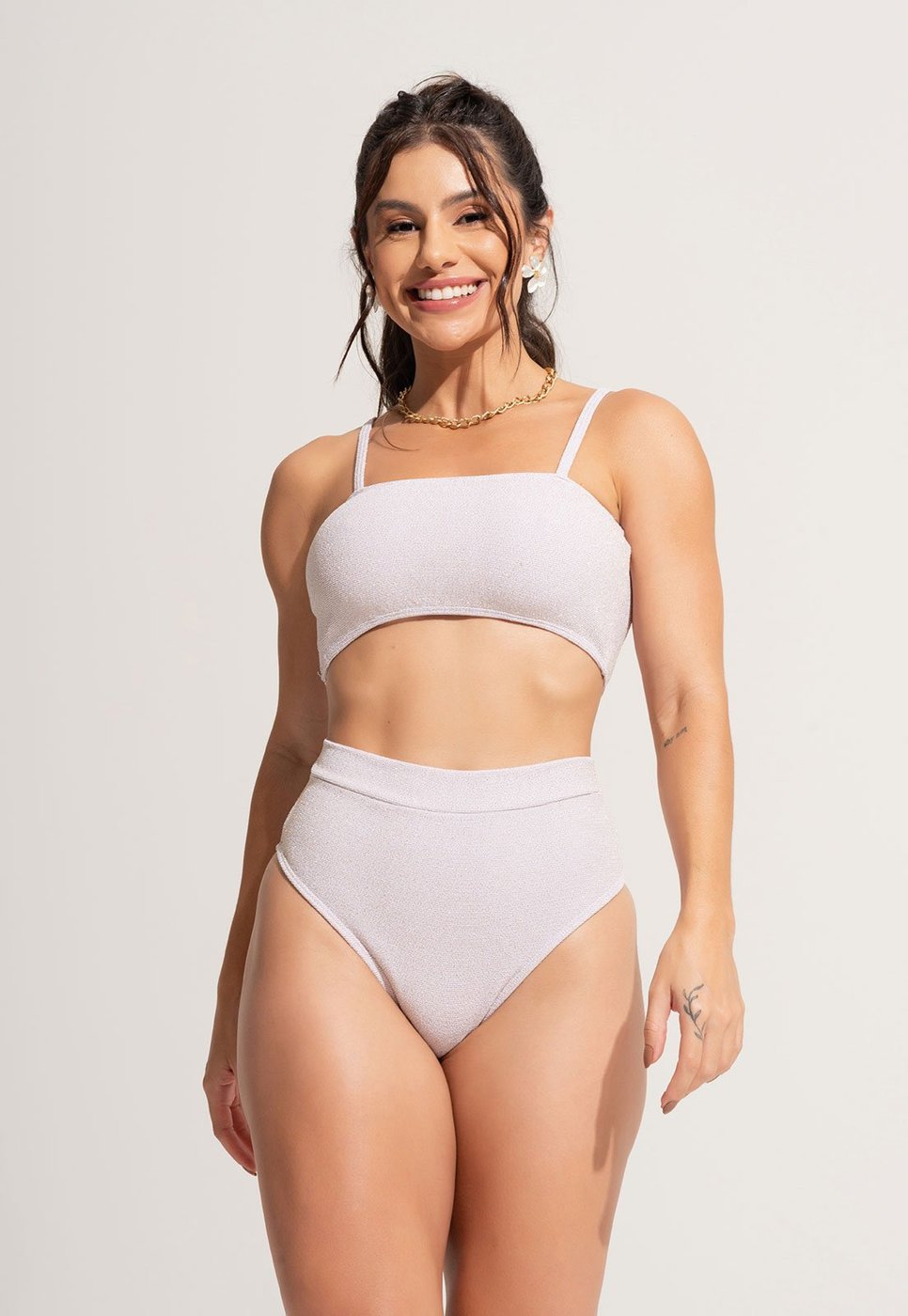 Imagem principal Biquíni MVB Modas Lurex Top Faixa Hot Pants Cintura Alta Cropped Areia branco Mvb Modas branco