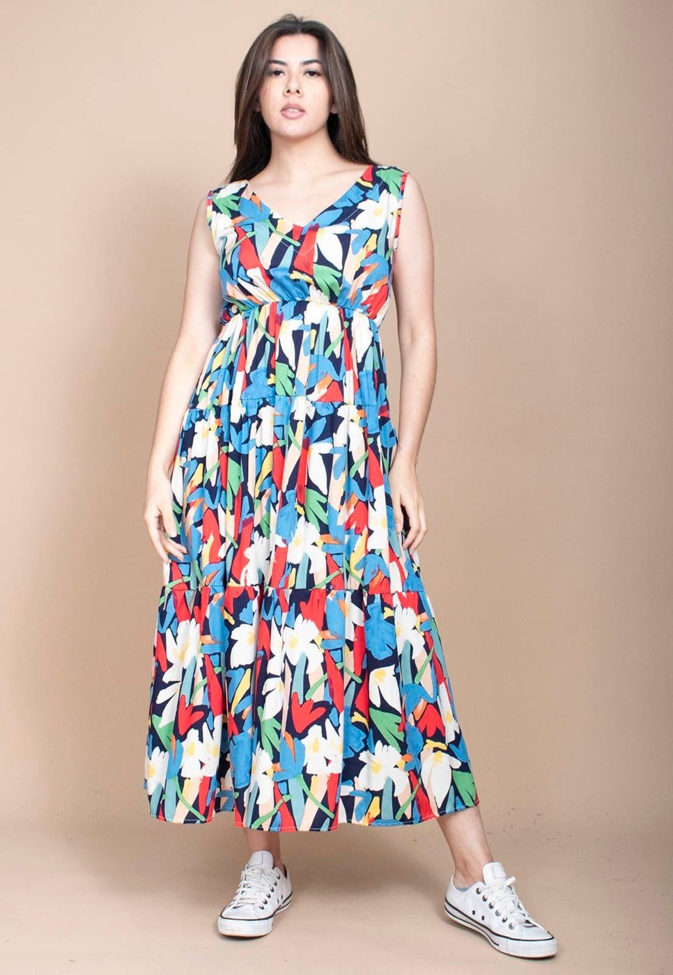 Vestido Cabanafree Regata Longo Peri Viscose Camadas Estampa Floresce