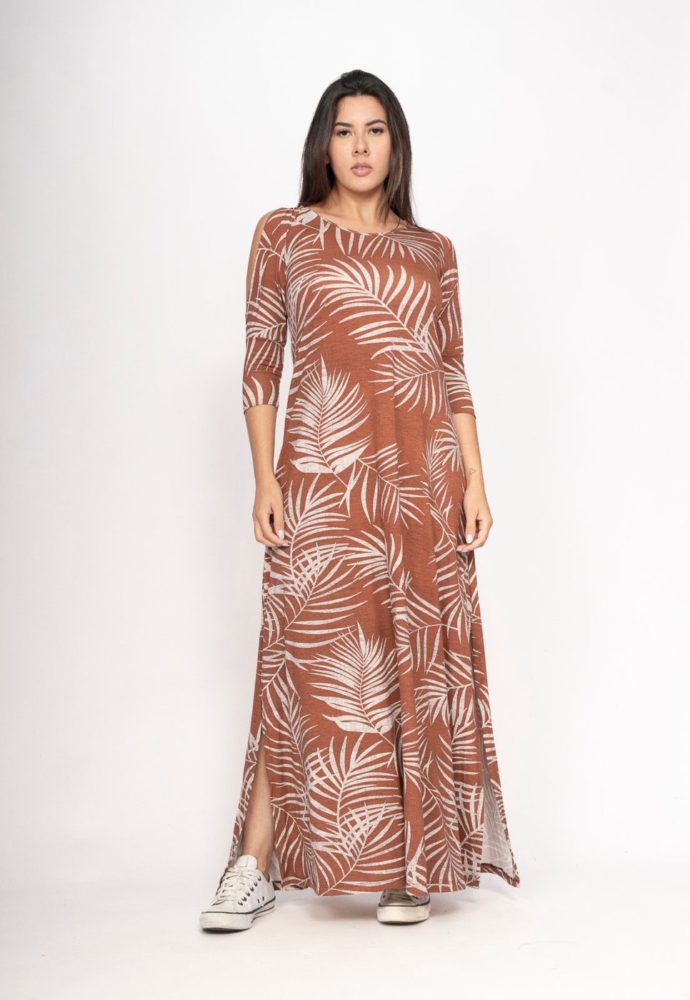 Vestido CabanaFree Boyrá Longo Malha Detalhe na Manga Estampa Palmas da Terra