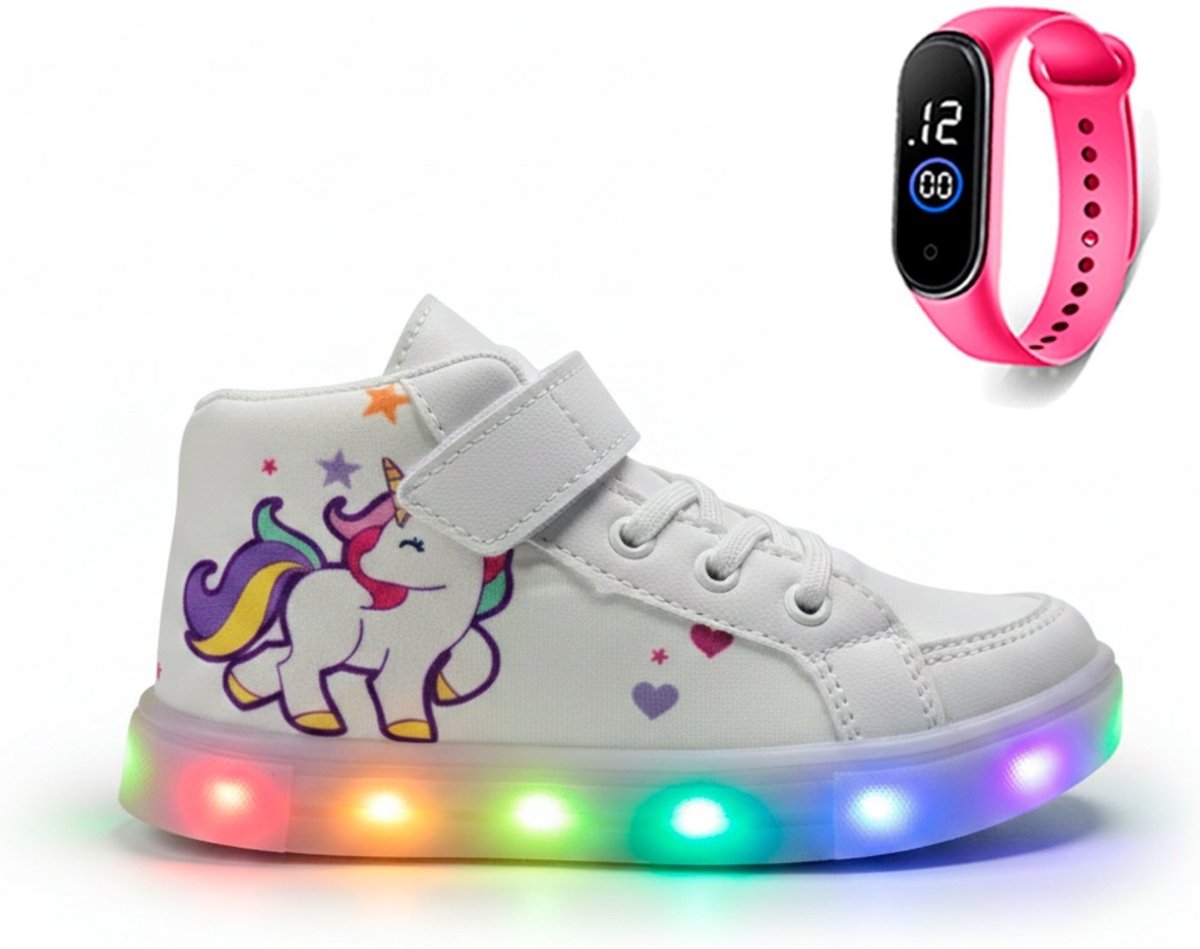 Infantil - Kit Tênis Botinha com Led para Meninas Casual Branca Unicórnio + Relógio Digital Inteligente