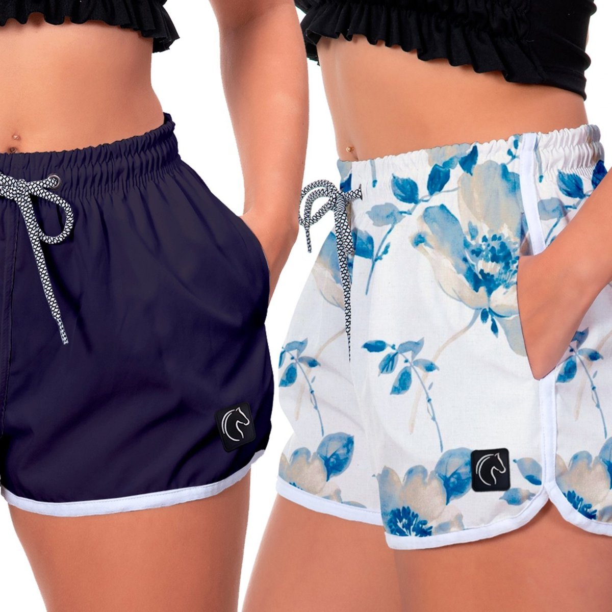Imagem principal Kit 2 Shorts Feminino Premium Secagem Rápida com Elástico Cordão Ajustável e Bolsos Moda Praia Casual ou Treino Academia Marinho e Flores Azuis W2 STORE azul/azul marinho/branco azul W2 STORE azul/azul marinho/branco azul