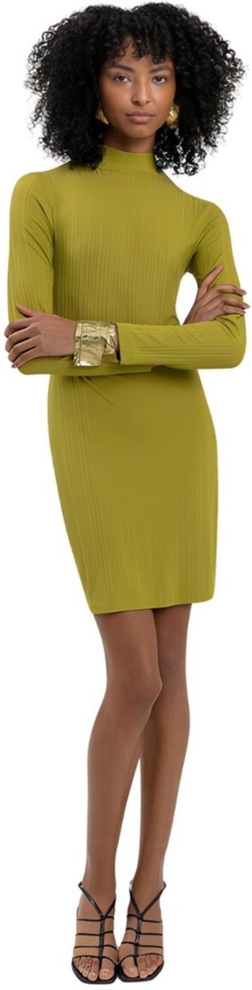 Vestido Curto Canelado Manga Longa Gola Alta