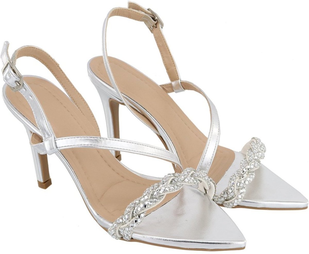 Sandália Feminina Bico Fino Salto Alto Fino Brilho Strass 6018