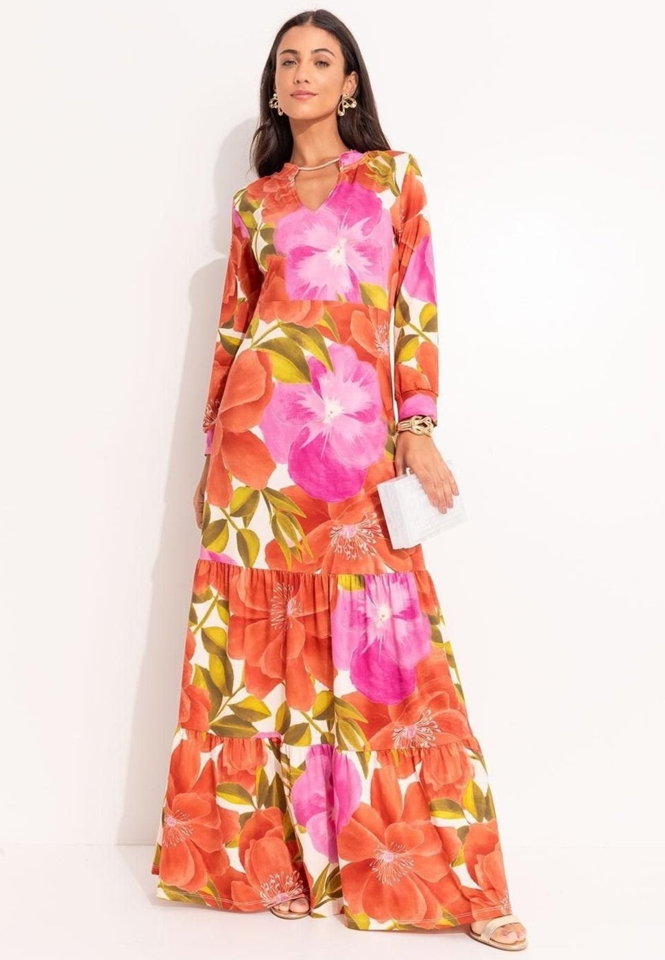 Imagem principal Vestido Malha Fria Floral Maxi Colorido Quintess laranja Quintess laranja
