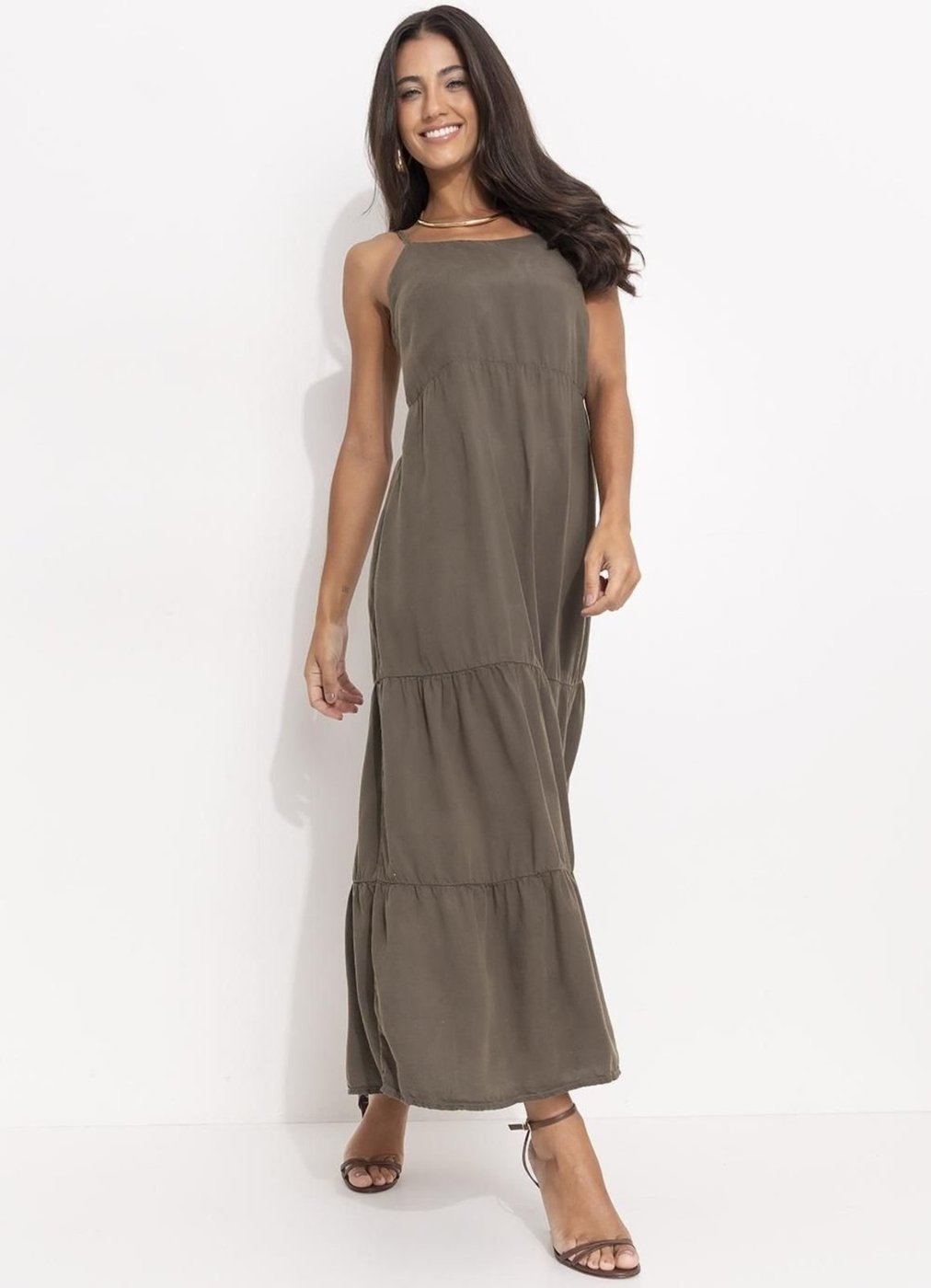 Vestido Tecido De Liocel Oliva