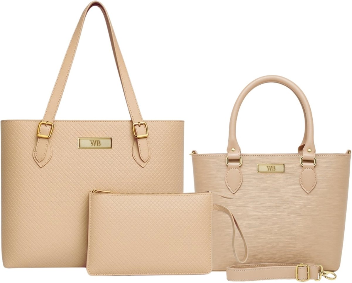 Kit Bolsa Feminina Willibags Sacola Grande Espaçosa + Bolsa Média Com Divisórias E Alça Transversal - Nude