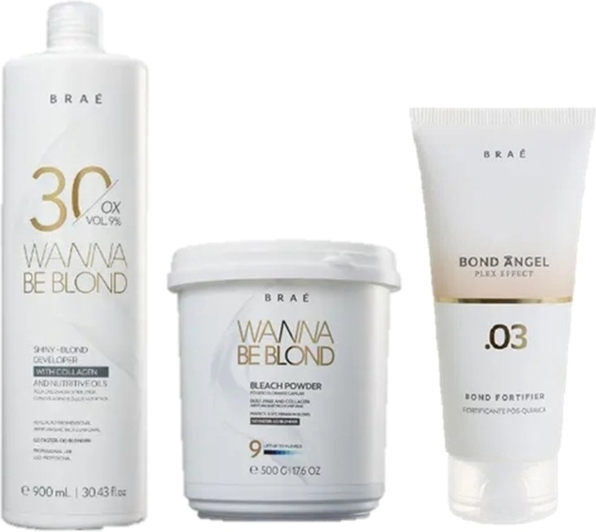 Imagem principal BRAÉ Wanna Be Blond 9% Água Oxigenada 30 Volumes 900ml Pó Descolorante 500g e Plex Efect Passo 3 100ml multicolorido BRAÉ multicolorido