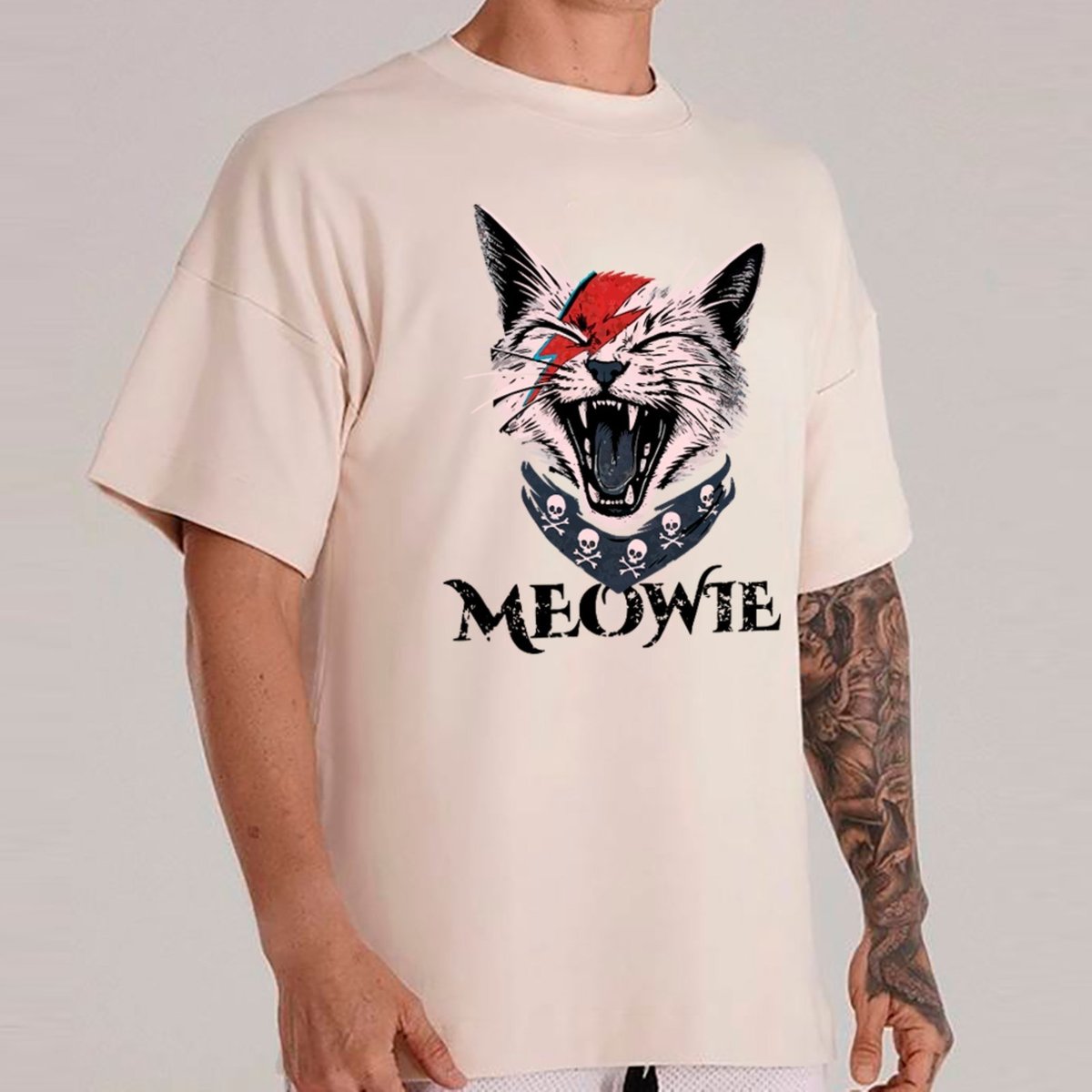 Imagem principal Camiseta Ousy Unissex Streetwear Meowie Gato Rock Pop Cultura Urbana Oversized Off White off-white white ousy off-white white