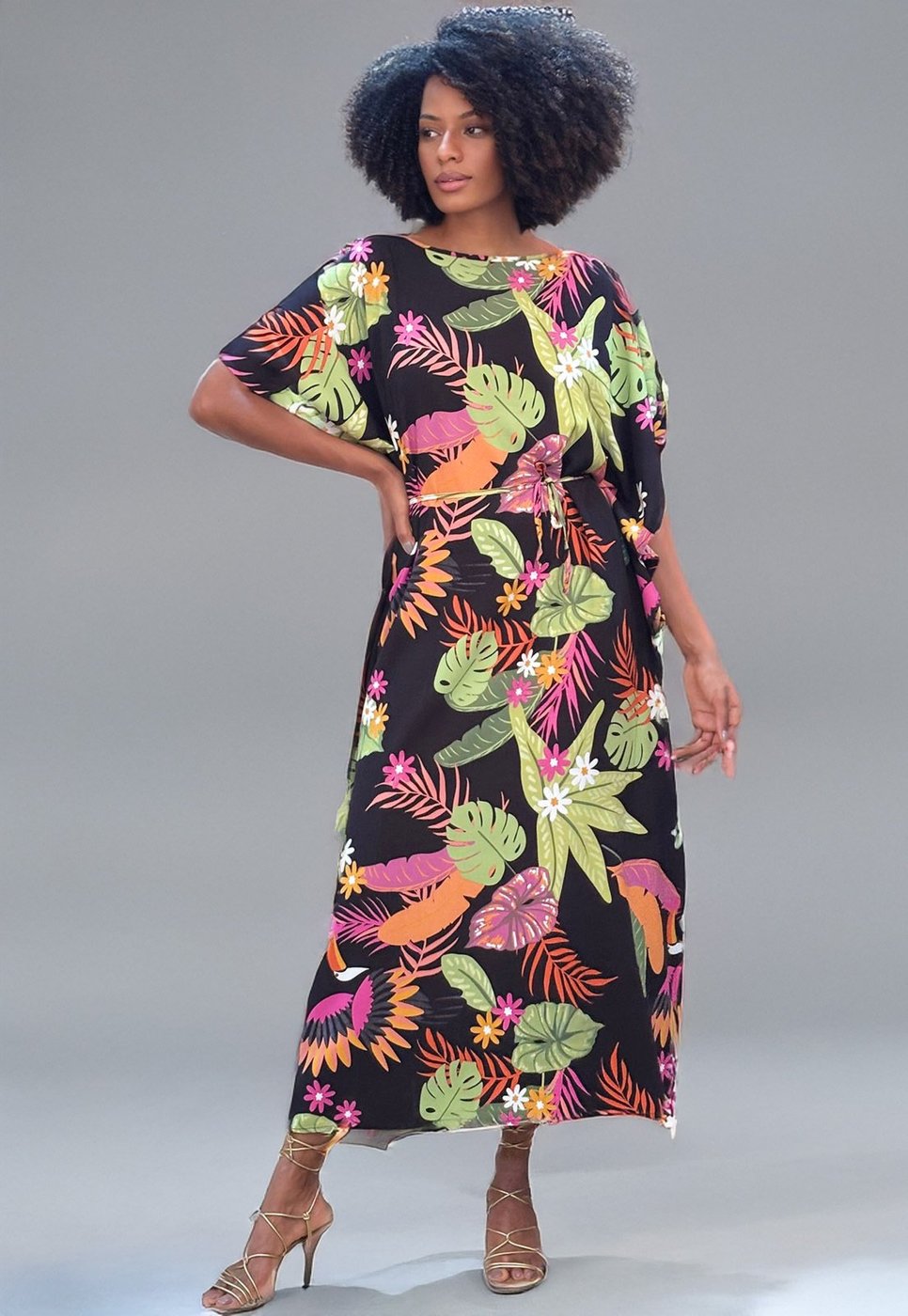 Vestido Amazonia Vital Kaftan Viscose Longo Estampa Noite Botânica