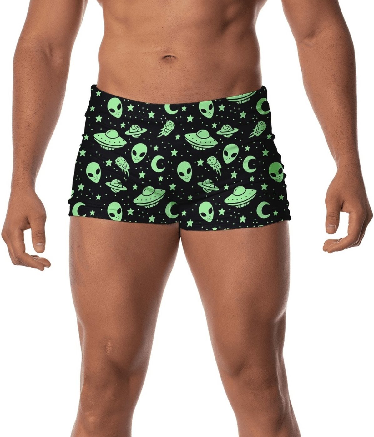 Sunga Masculina Boxer Uv50+ Forrada Com Cordão Ajustável Estampada Moda Praia Piscina Natação Surf Space Preta e