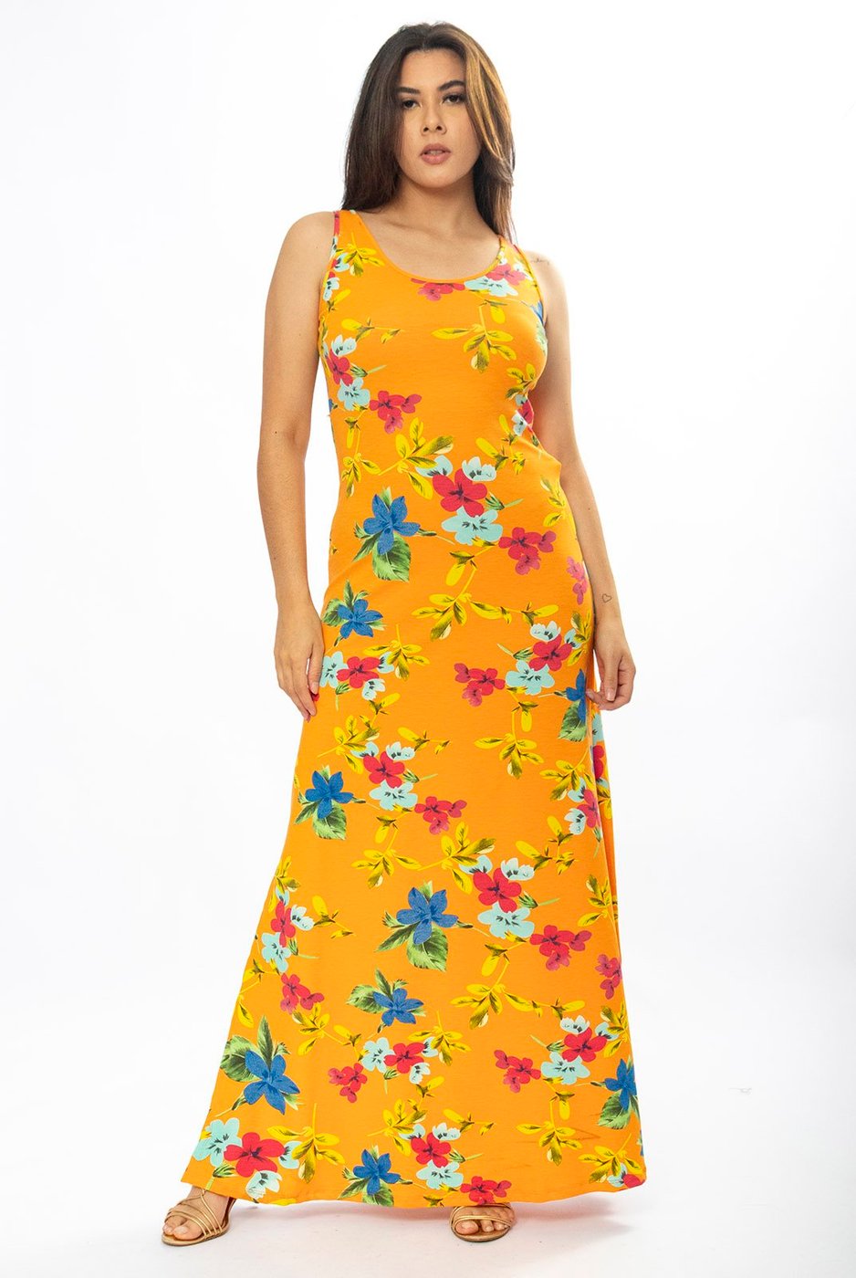 Vestido Longo Cabanafree Butiá Malha Regata Estampa Laranja Floral