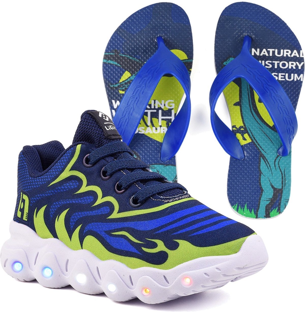 Infantil - Tenis De Led Meninos Casual Marinho e Verde Com Luzes + Chinelo