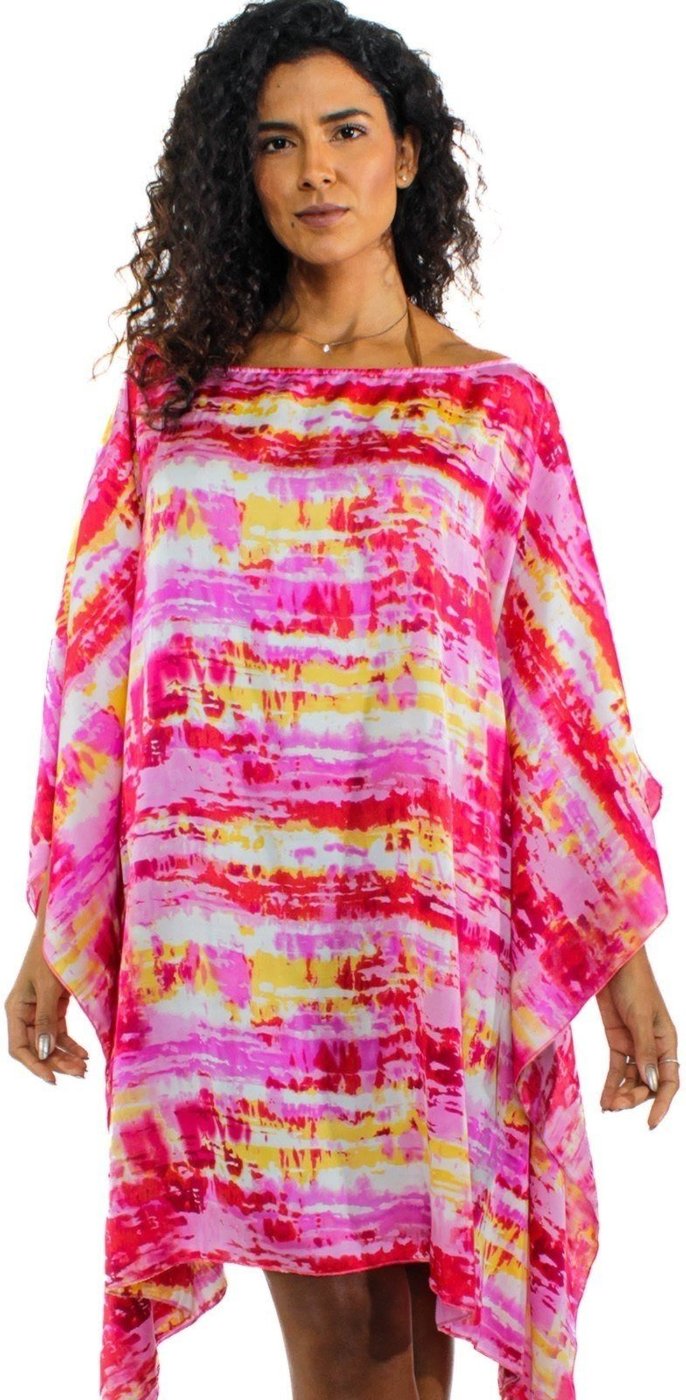 Vestido Kaftan Saída Amplo Crepe Acetinado Estampado Manchado Rosa